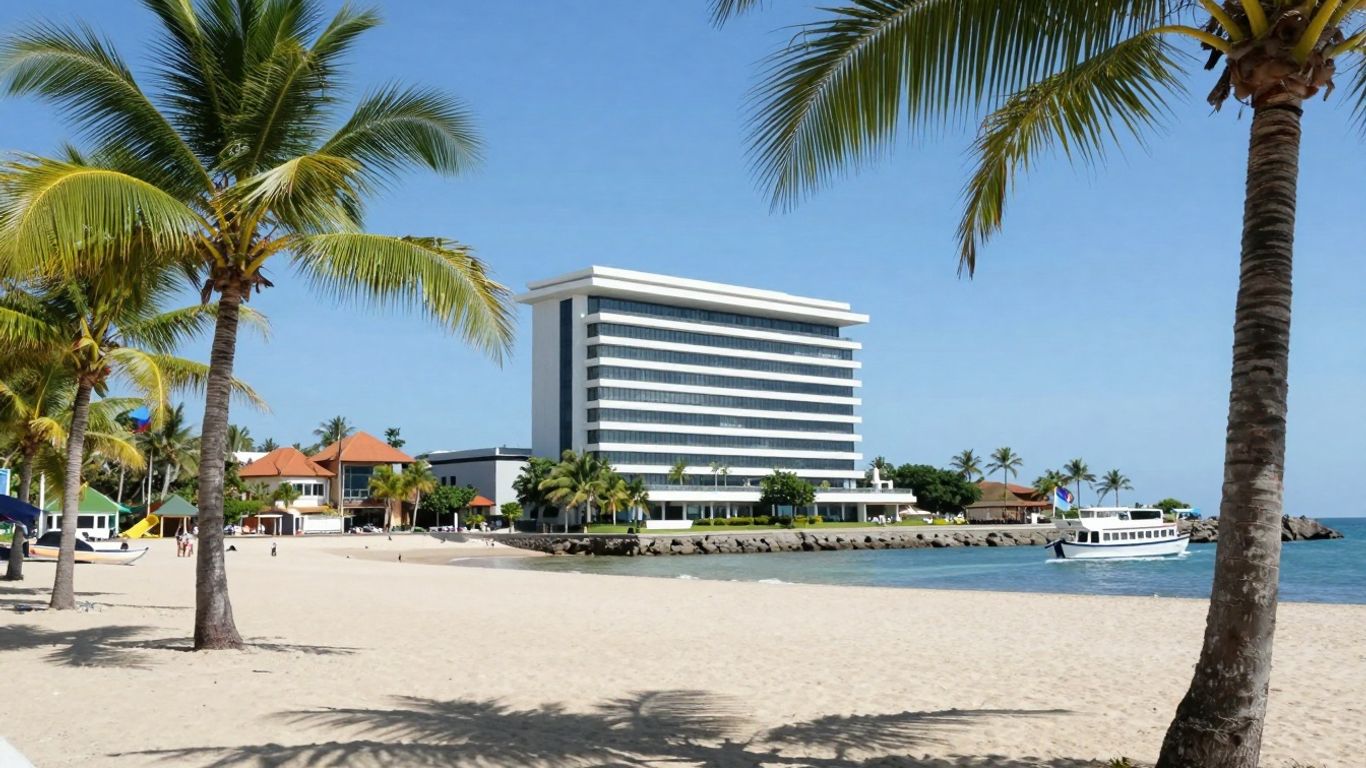 Balinese beach with office building and Russian flag.