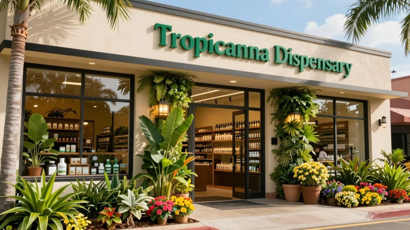 Tropicanna Dispensary exterior with plants and flowers.