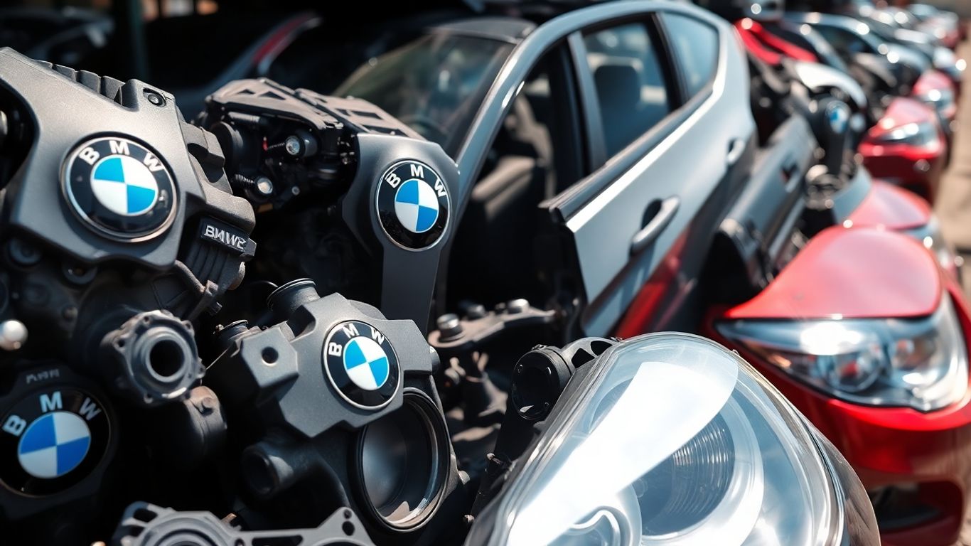 BMW car parts in a salvage yard.