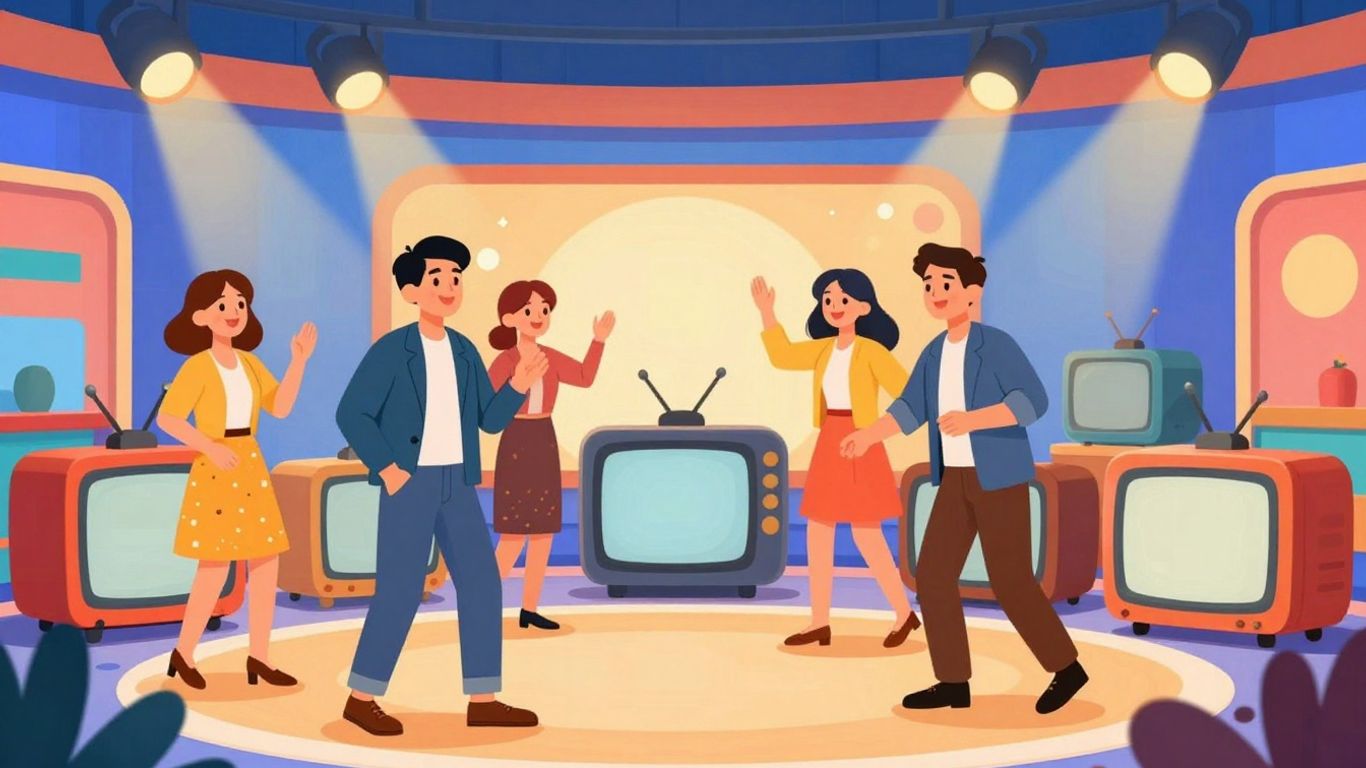 Entertainment Tonight hosts in a game-like studio setting.