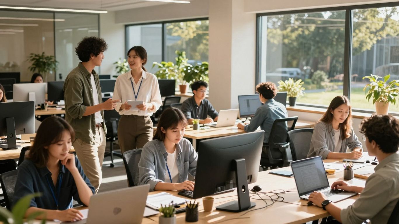 Australian workers in a bright, modern office.