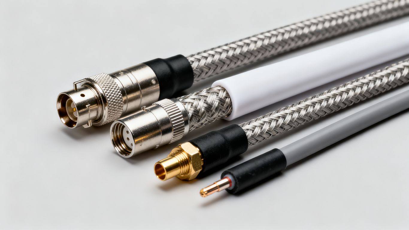Various coaxial cables with different connectors and shielding.