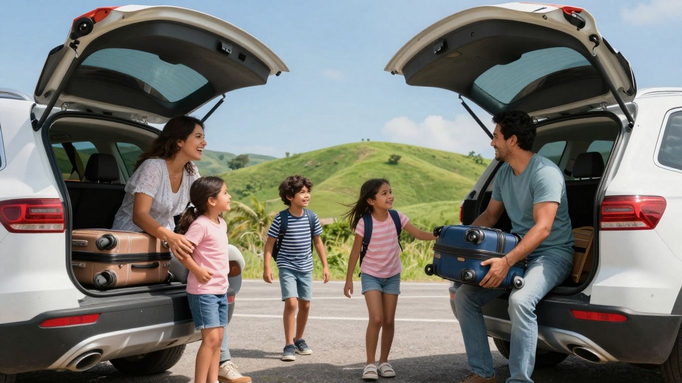 Familie packt Auto für Ferien mit grünen Hügeln im Hintergrund.
