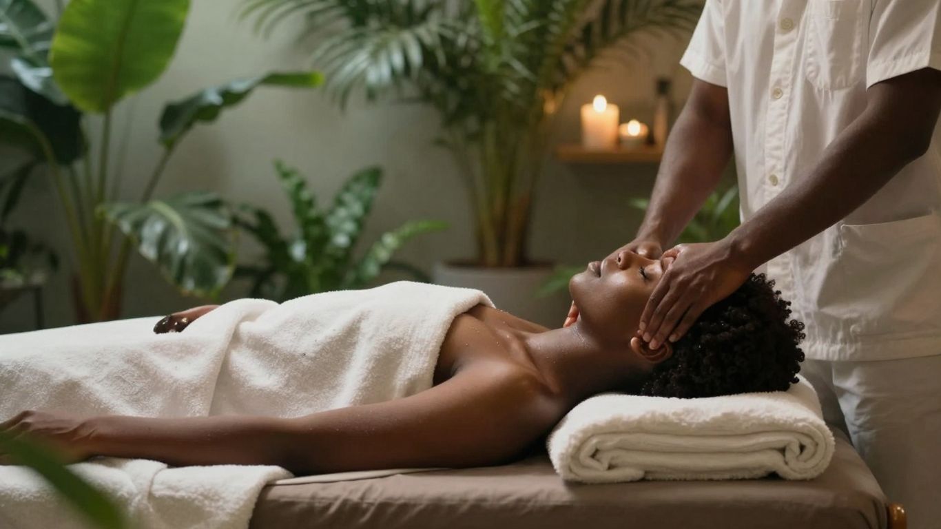 Rustgevende spa met planten en ontspannen persoon.