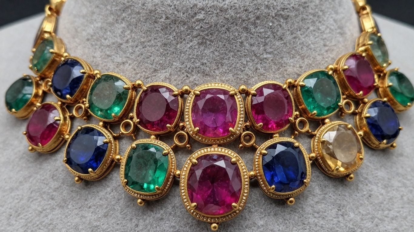 Navaratna necklace with nine colorful gemstones.