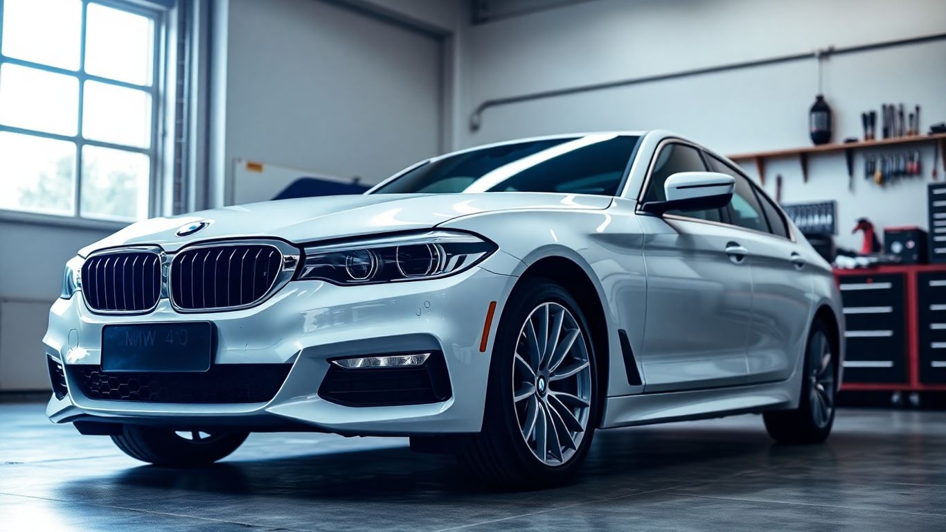 BMW car in a professional auto repair shop.