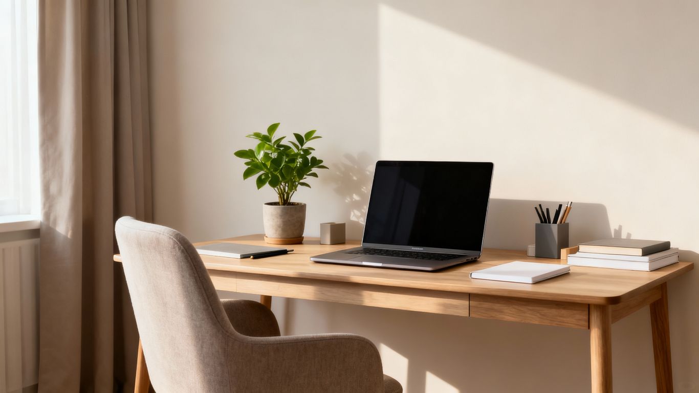 Home study setup with laptop, chair, and natural light.