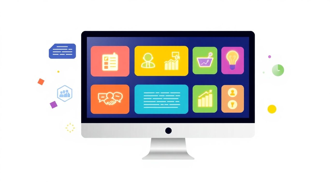 Infographic of computer monitor with career growth icons.