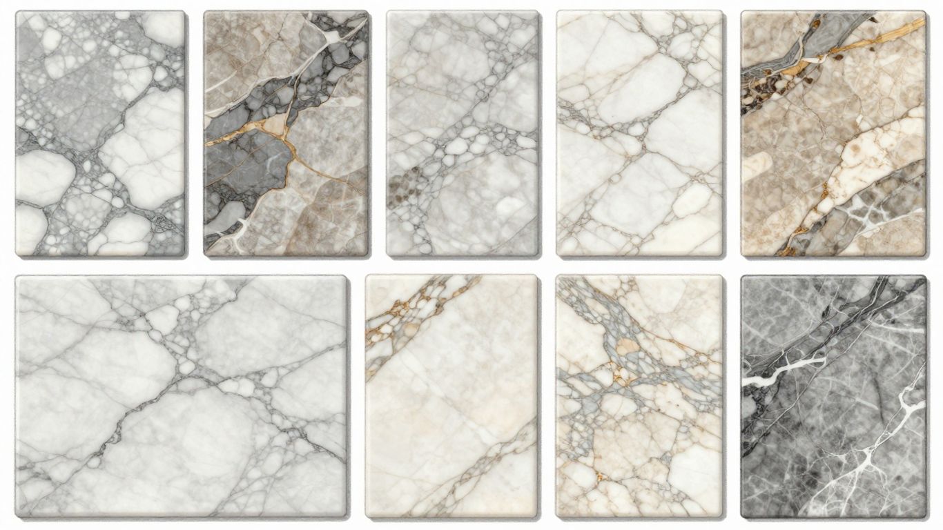 Marble tile samples with veining patterns.