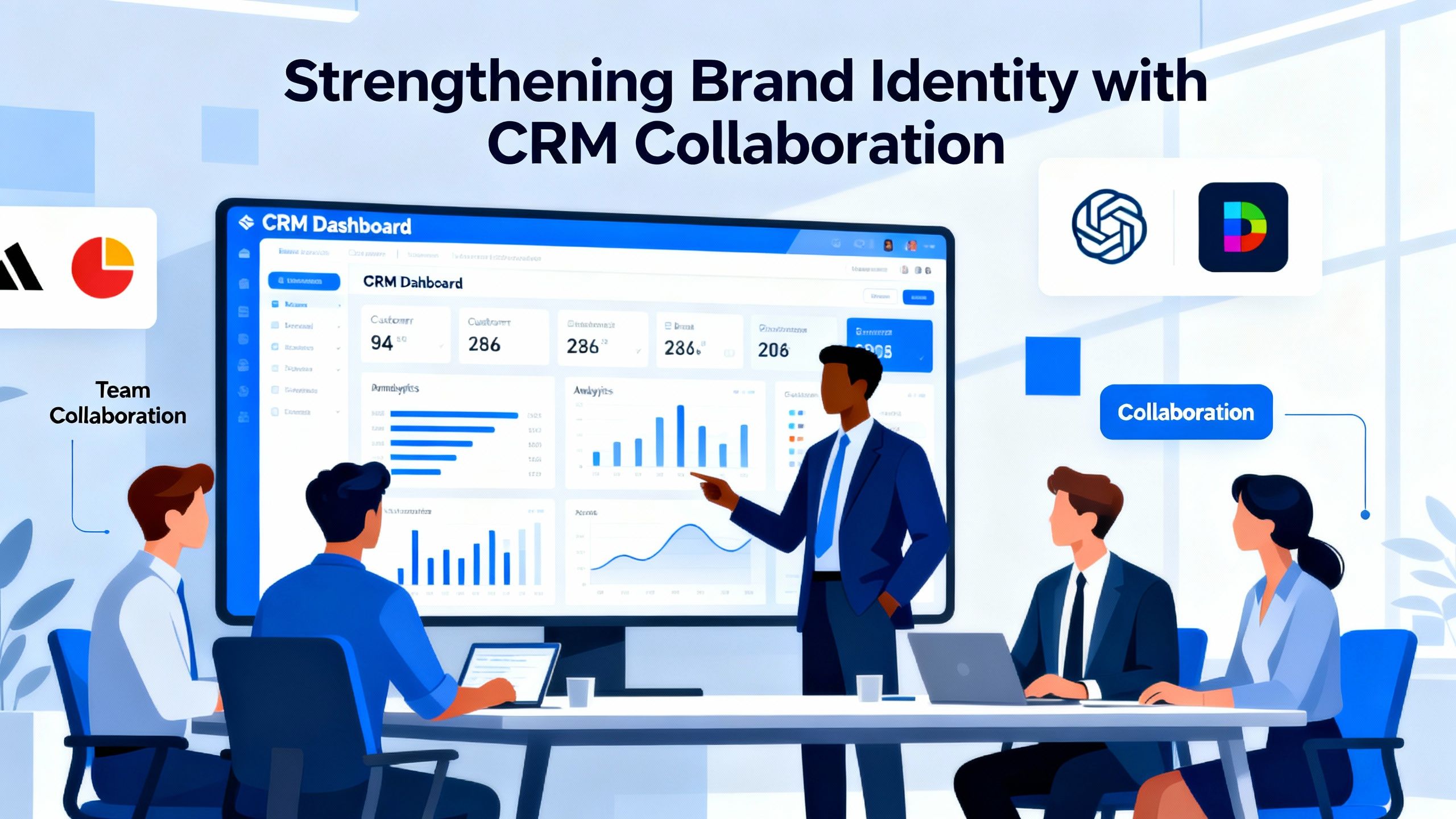 Equipo de negocios colaborando usando una plataforma CRM para fortalecer su identidad de marca