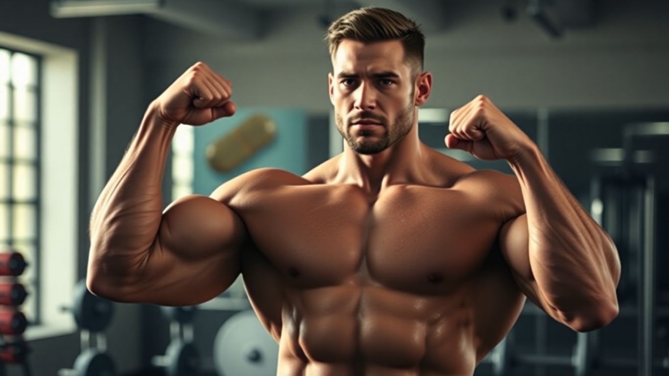 Bodybuilder with integrated pill graphic