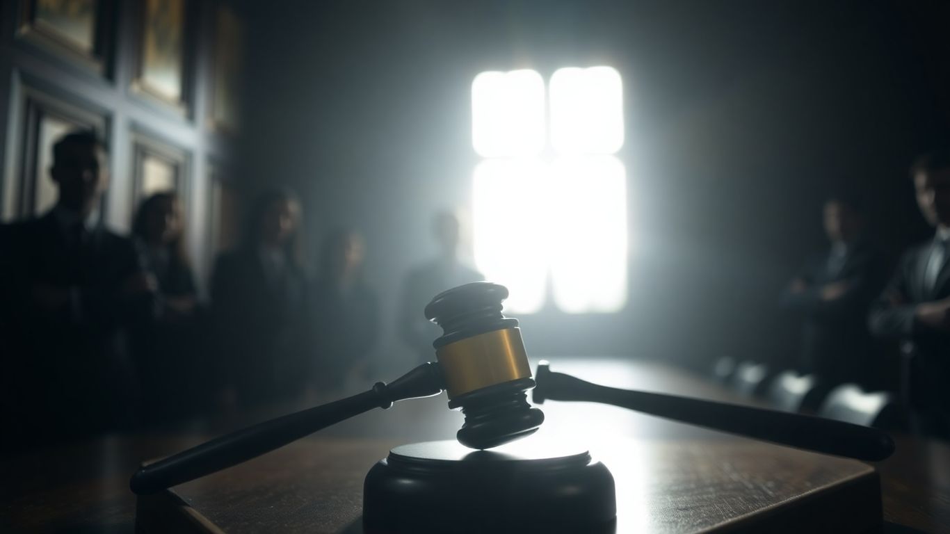 Courtroom gavel in shadow, legal battle imagery.