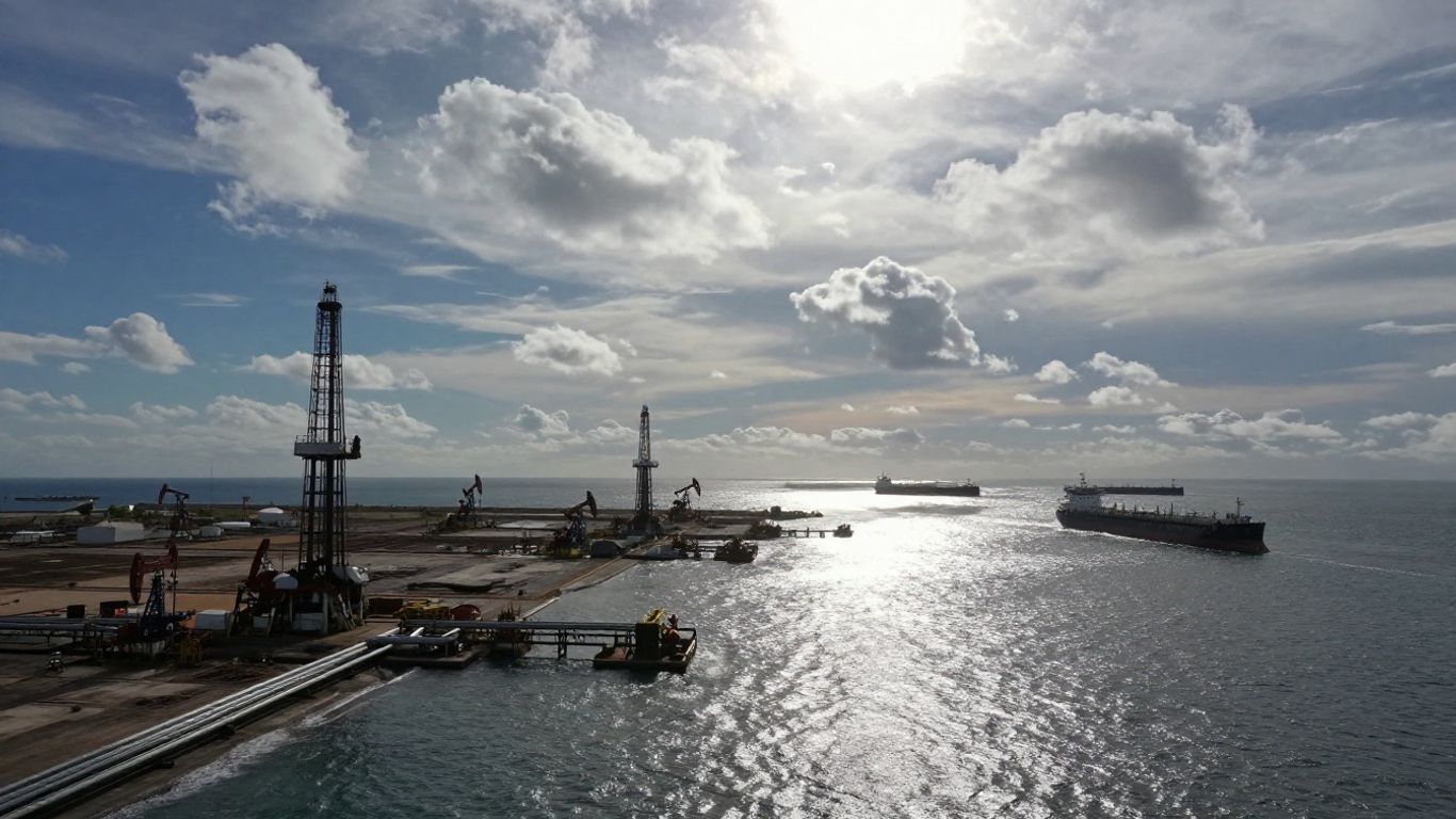 Câmp petrolier vast sub cer dramatic, cu platforme.