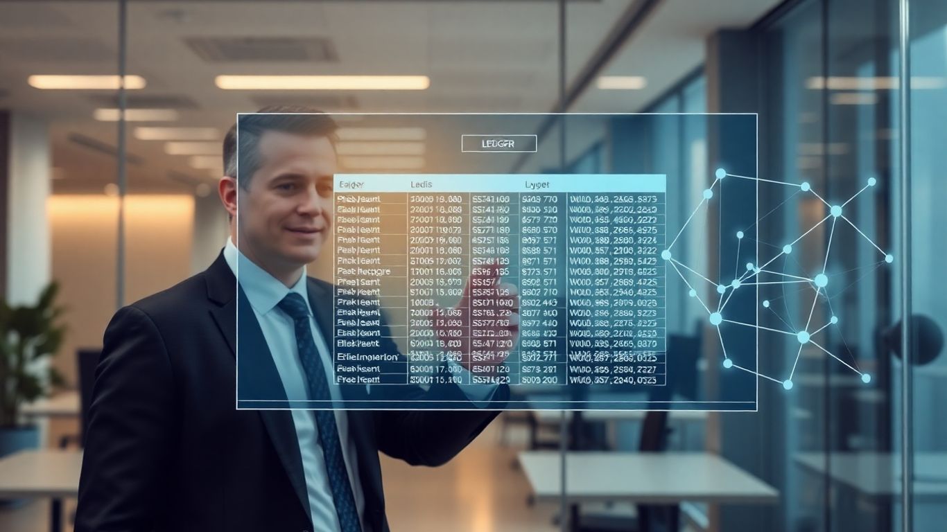 Blockchain accountant working with digital ledger