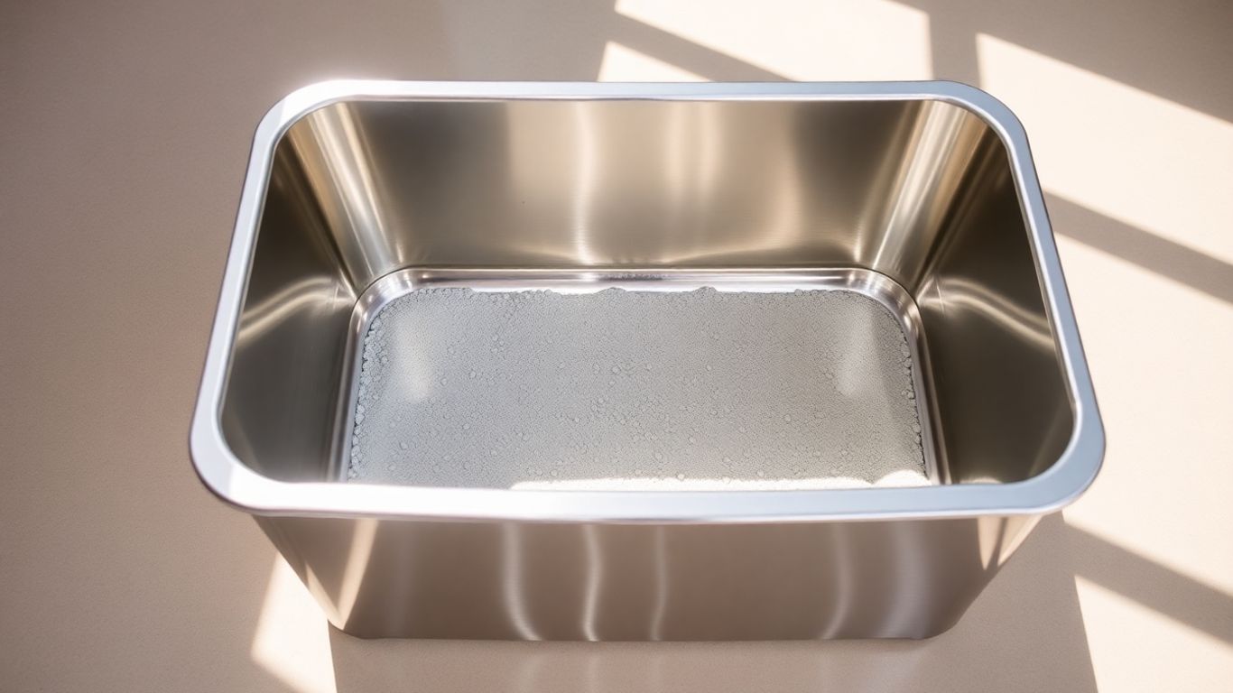 Sleek stainless steel cat litter box on a floor.