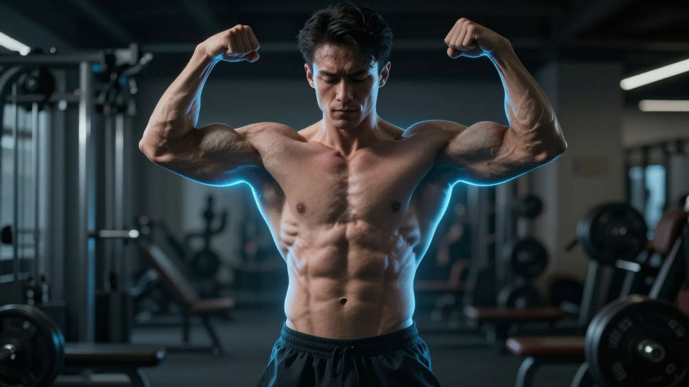 Bodybuilder with glowing aura in gym
