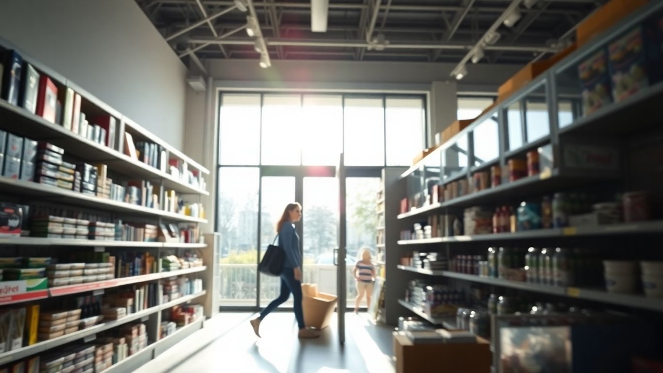 Retail store interior with products on shelves.