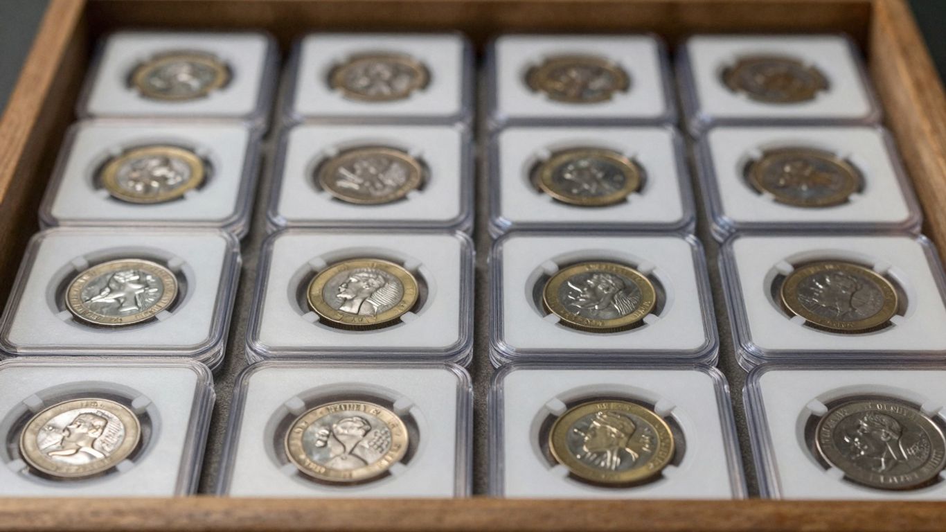 Organized coin collection in a display case.