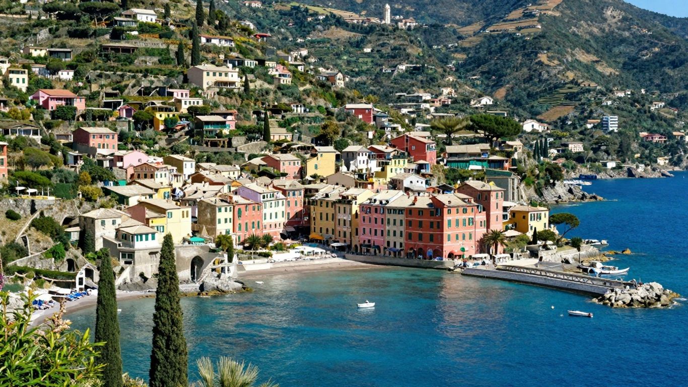 Colorful Italian village overlooking a blue sea in April.