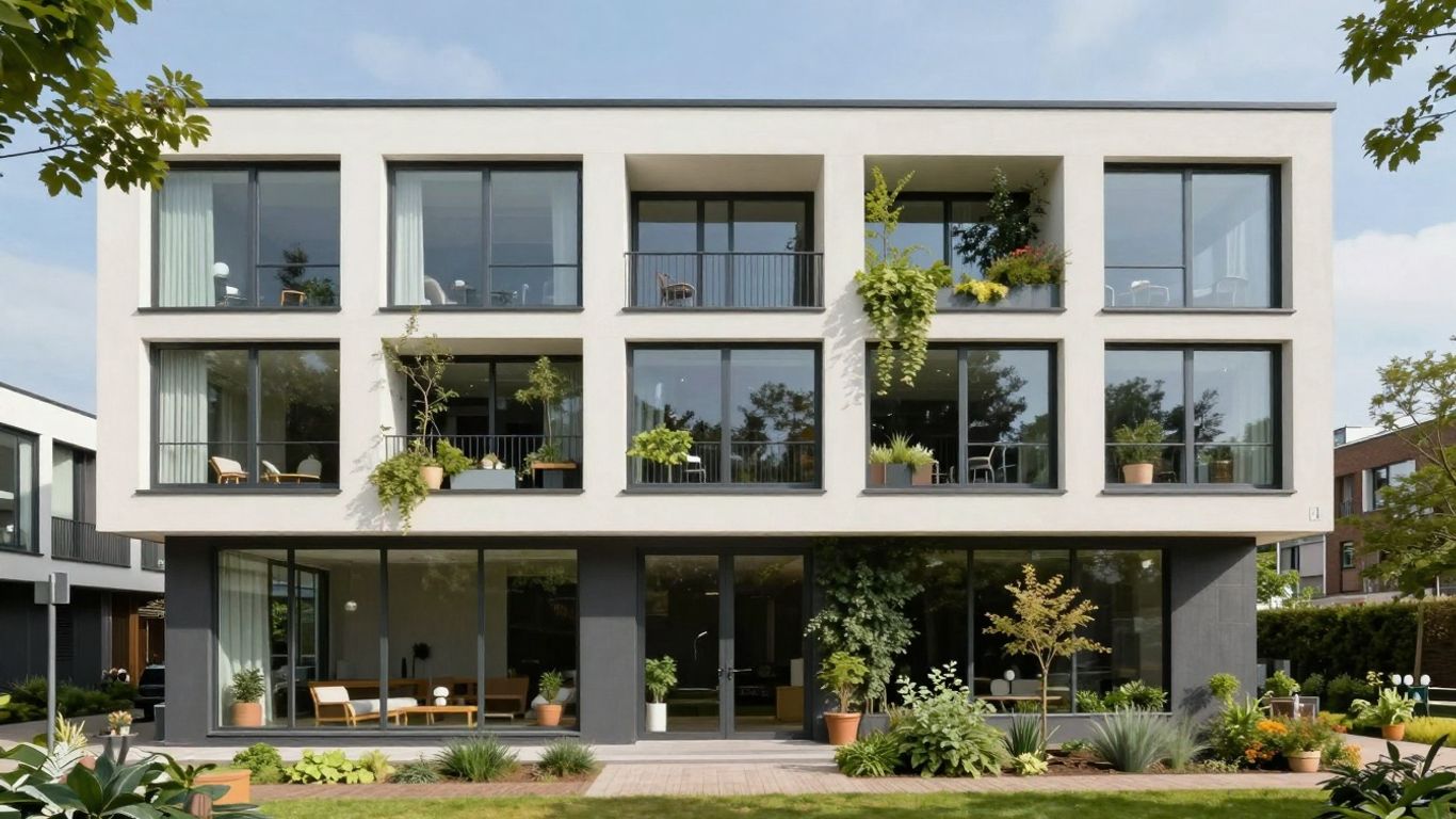Moderne architectuur van Hooge Tuinen Deventer met veel groen.