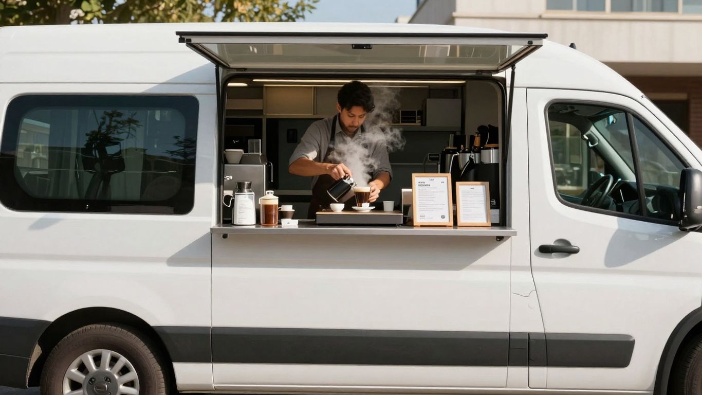 Aixam Mega 600D coffee van serving coffee outdoors.