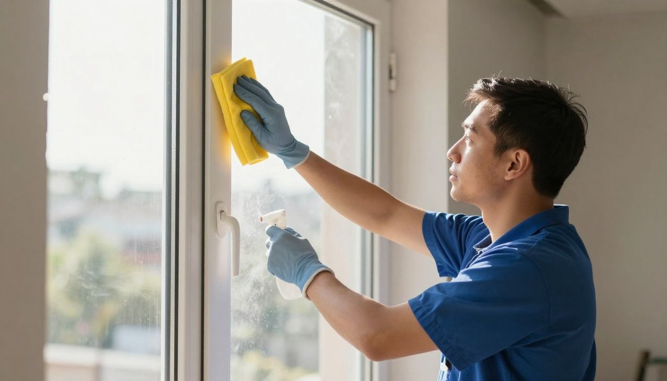 After builders cleaning: Cleaner wiping dusty window frame.