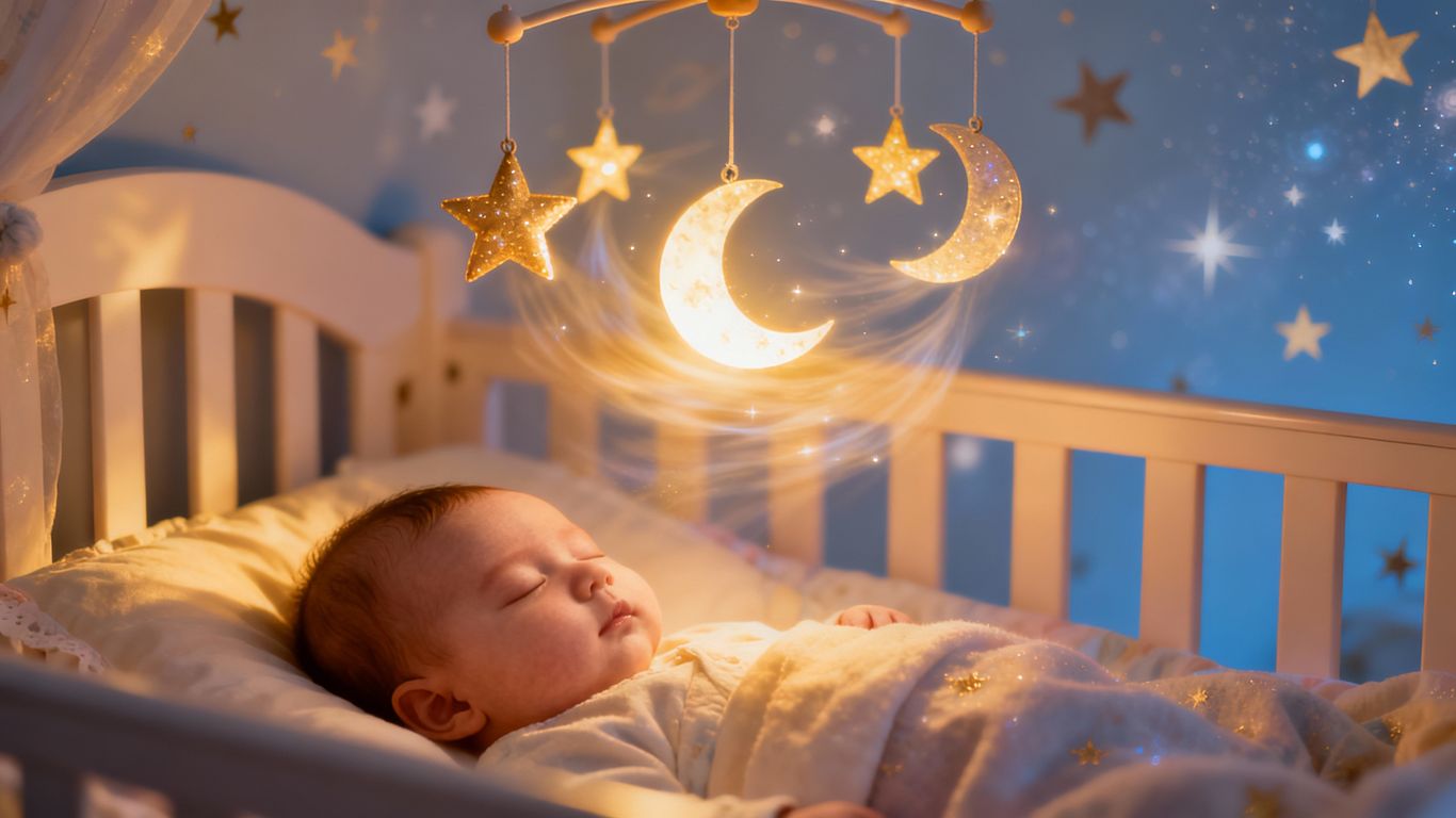 Baby sleeping under a celestial mobile in a nursery.