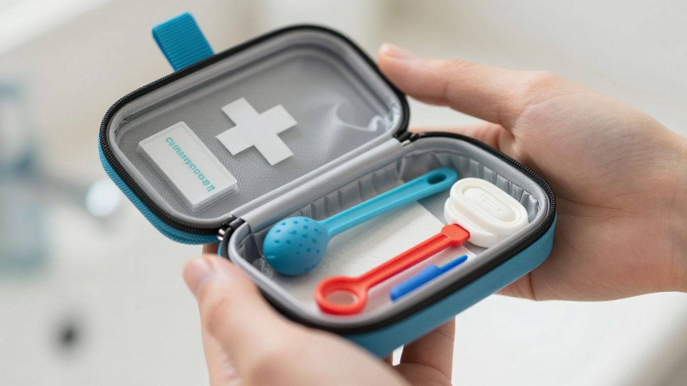 First-aid kit with tactile tools for physical release.