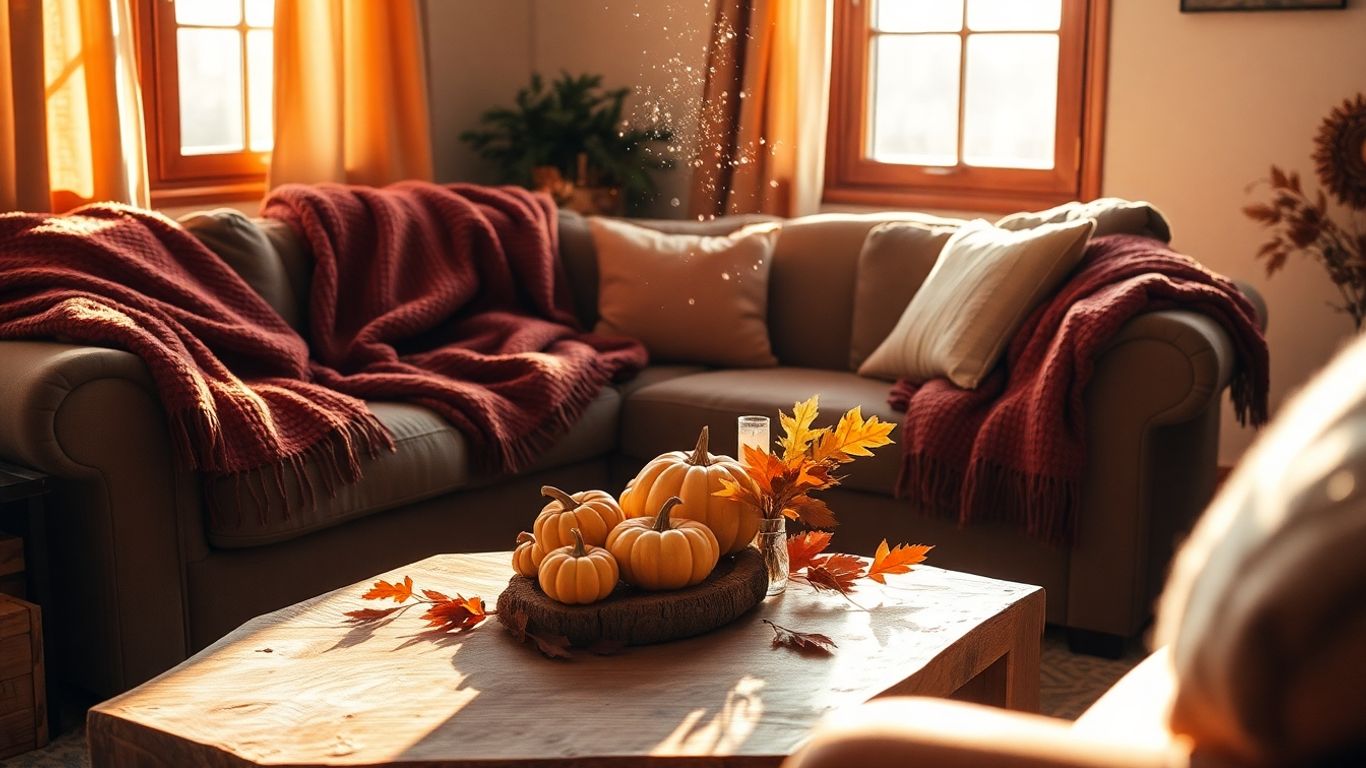 Cozy autumn living room with throws, pumpkins, and warm lighting.