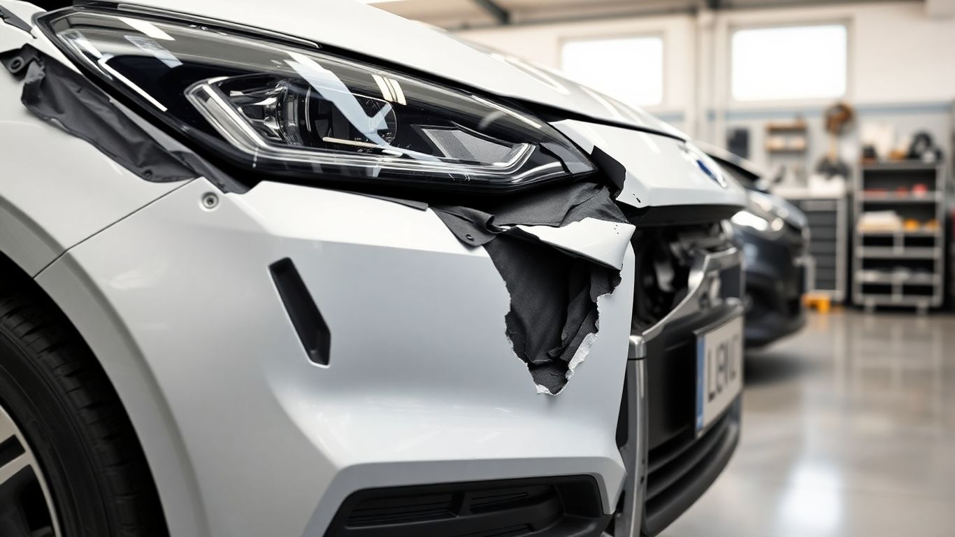 Elektroauto mit sichtbaren Schäden an Stoßfänger und Reifen