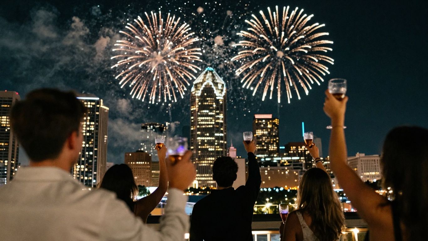 Dallas-Fort Worth skyline with fireworks and celebrating people.