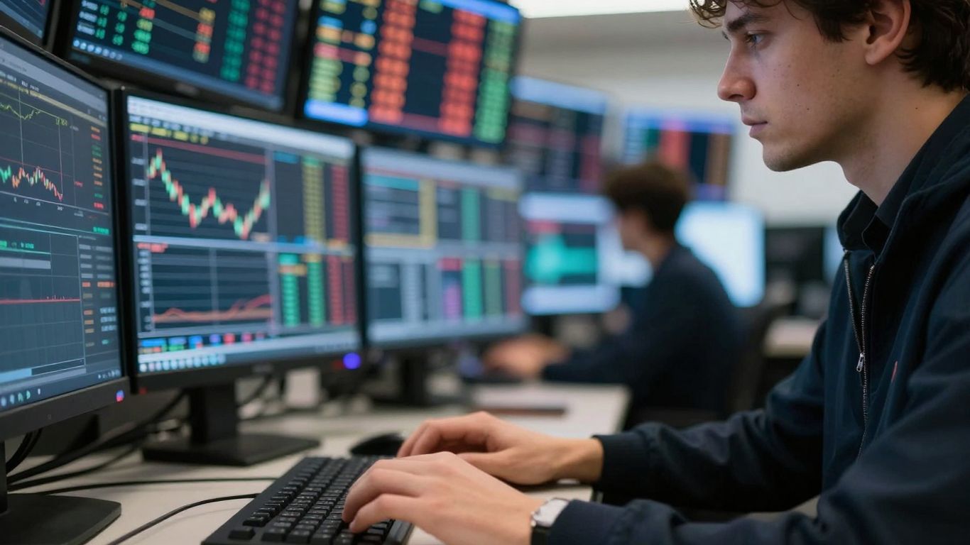 Day trader focused on a computer screen.