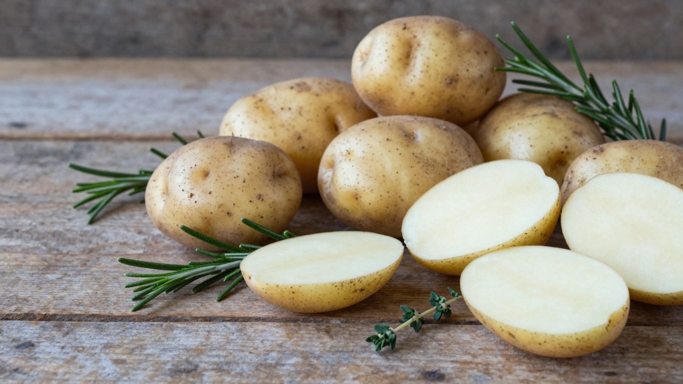 Vroege biologische aardappelen op een rustieke tafel.