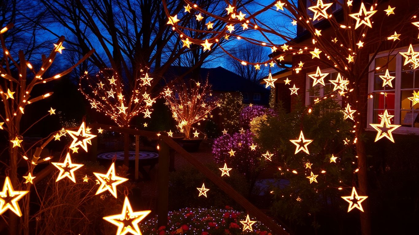 Garden illuminated by glowing Christmas star lights.