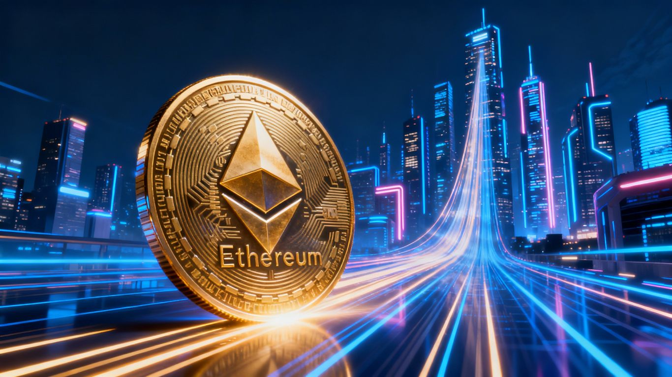 Ethereum coin rising with city skyline background