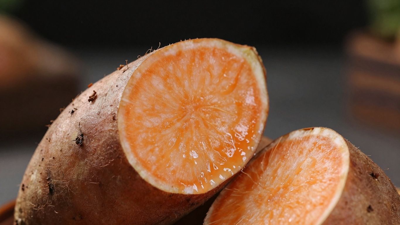 Sweet potato halves showing vibrant orange flesh and brown skin.
