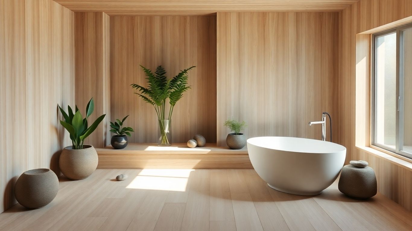 Minimalist Japandi bathroom with tub, plants, and wood accents.