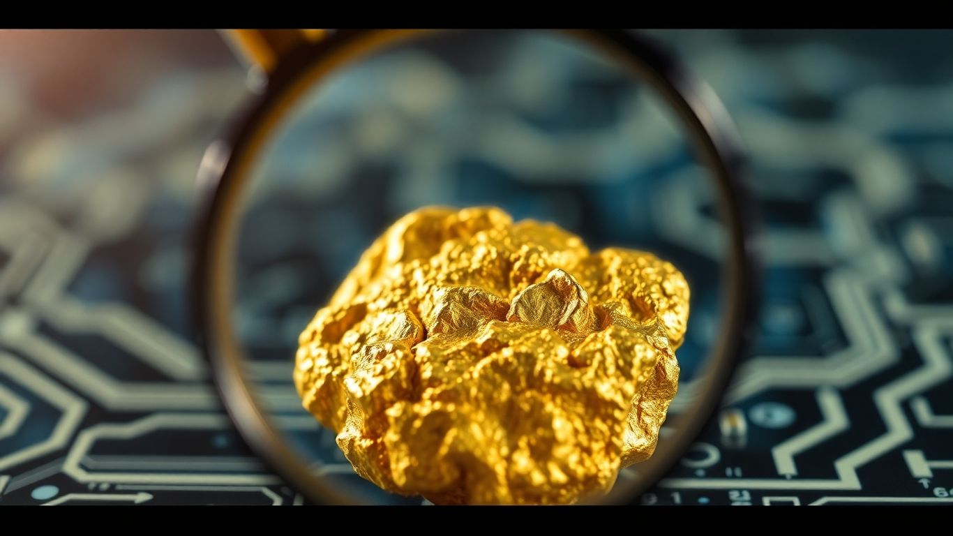 放大镜下可以看到一块金块，上面的数字电路模糊不清。