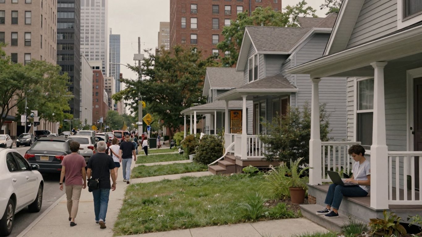 City skyline versus suburban house with remote worker.