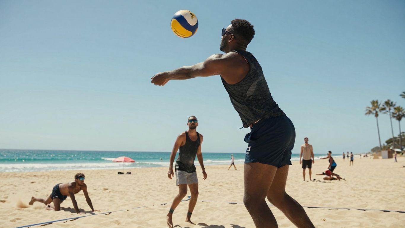 Beach volleyball action on Gold Coast with ocean backdrop.