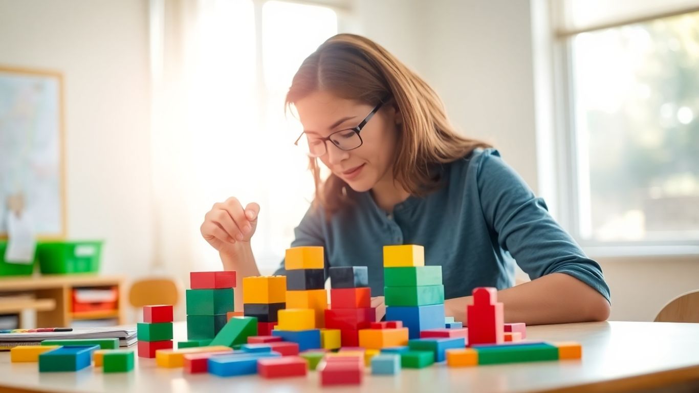 Lehrer plant Unterricht mit bunten Bausteinen.