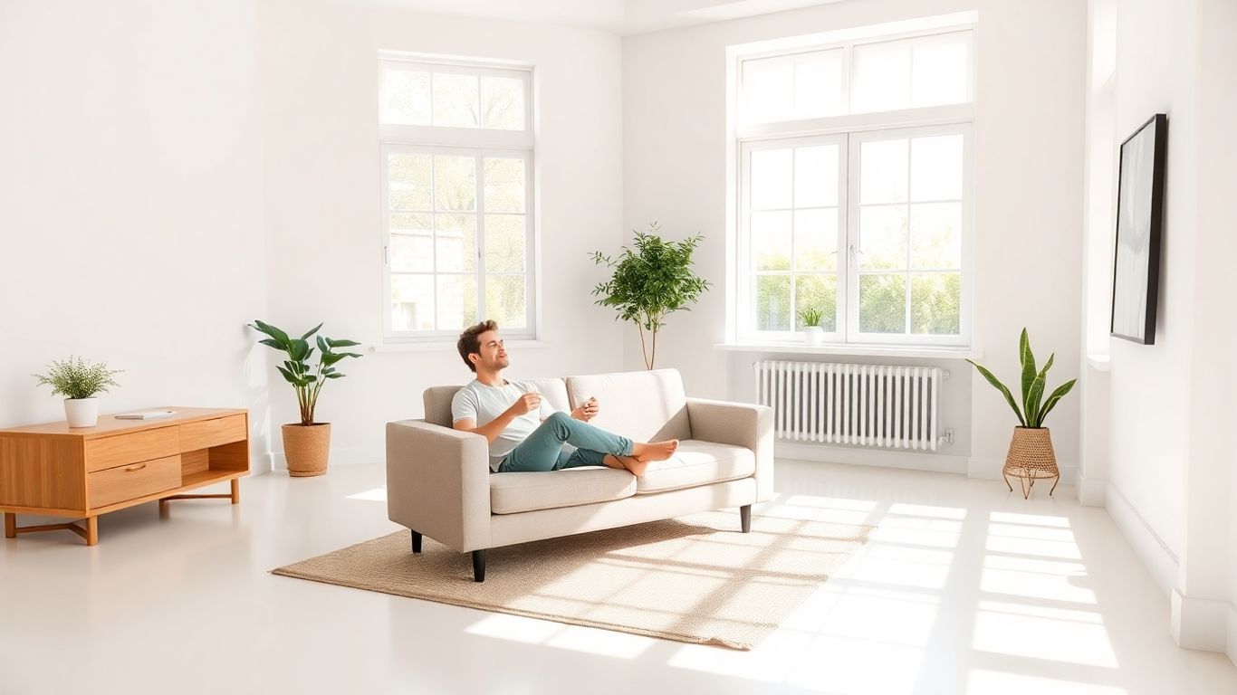 Minimalist living room with few furnishings and natural light.