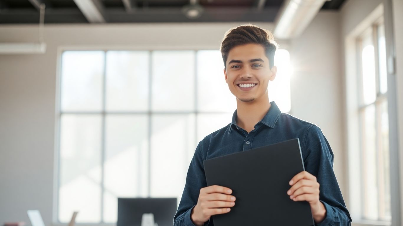 Graduate holding diploma in a bright, modern workspace.