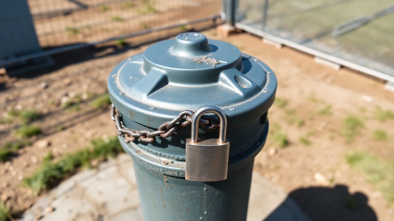 Locked wellhead with security fencing.