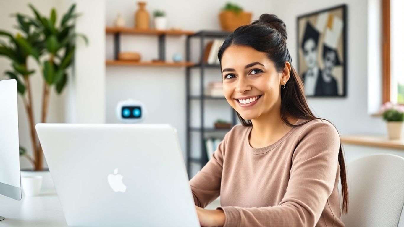 Woman chatting with a robot on laptop at home