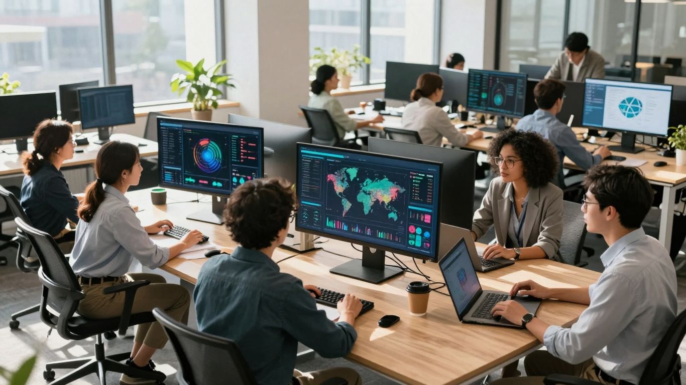 Descubre las Agencias de Marketing Digital que Impulsarán tu Negocio en 2025 Equipo trabajando en oficina moderna con pantallas digitales.
