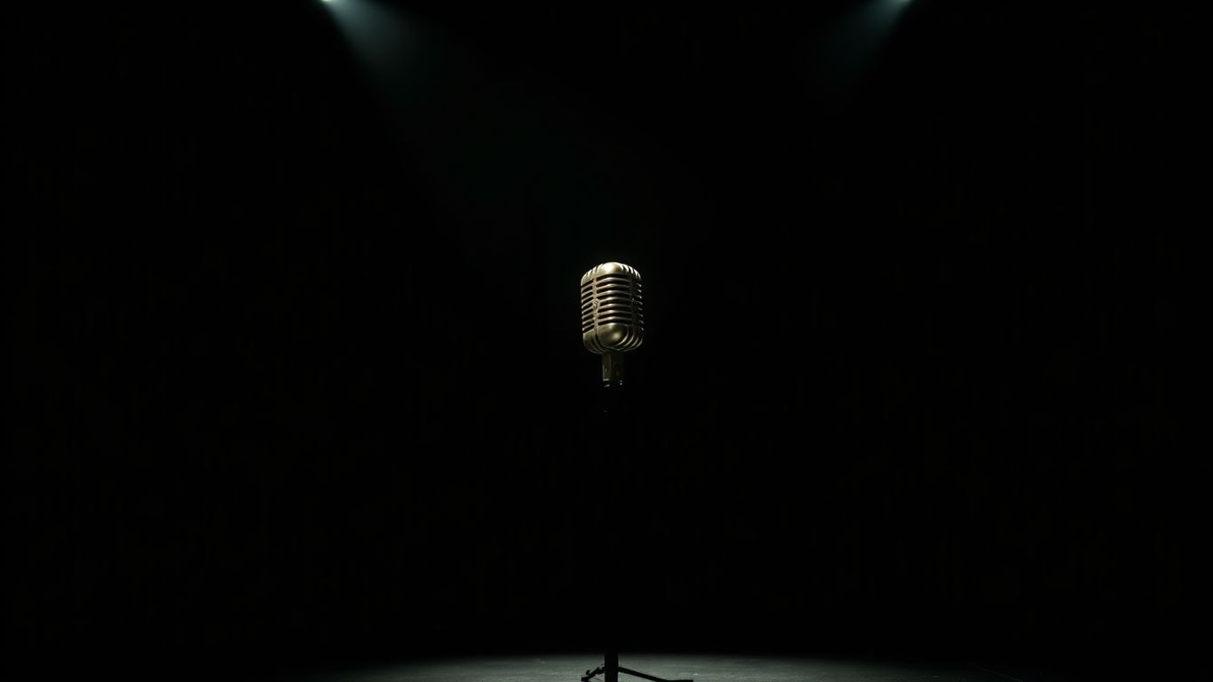 Spotlit microphone on a dark stage.