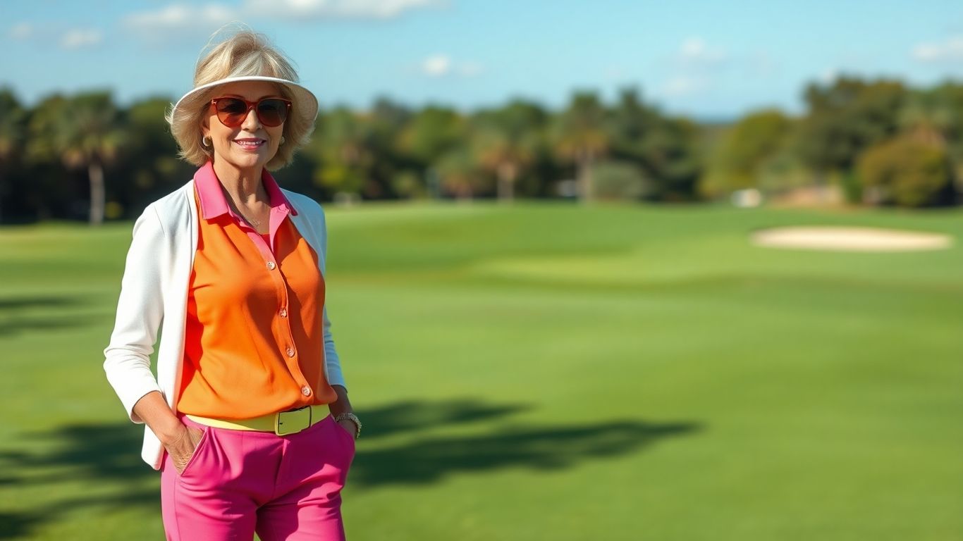 Woman over 50 in stylish golf attire on a golf course.