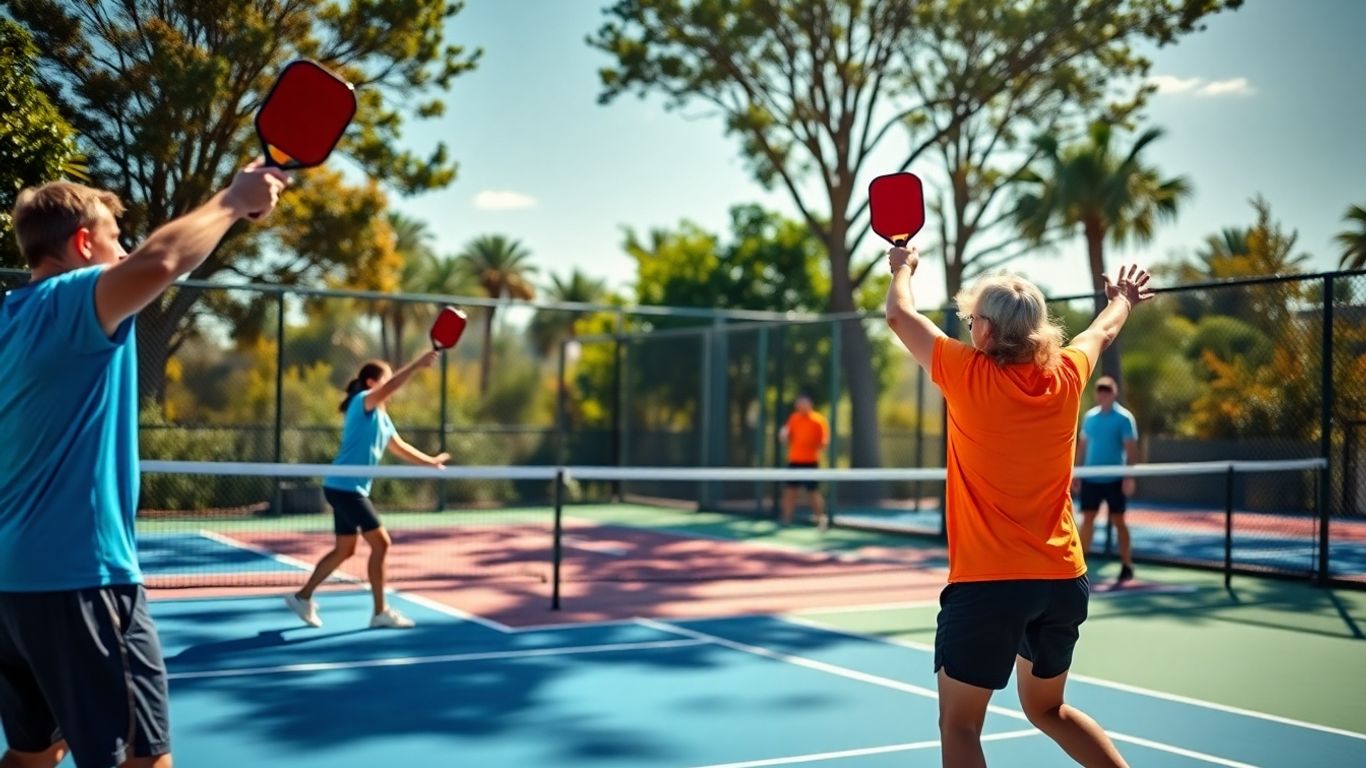 Pickleball players in motion on a sunny court.