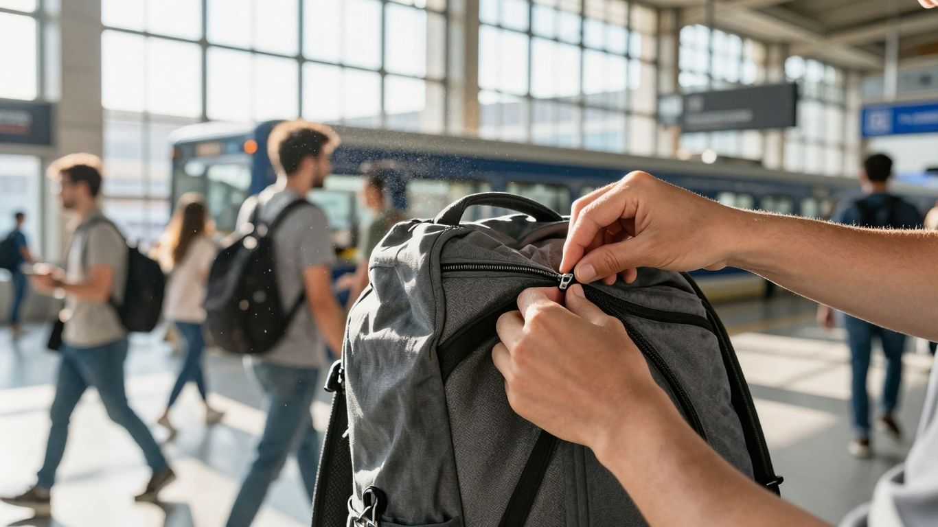 Persoană asigurând fermoarul unui rucsac în gară.